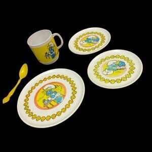 Vintage 1980s Plastic HG Toys Smurf Play Dishes Retro Gift Mini Set Kids